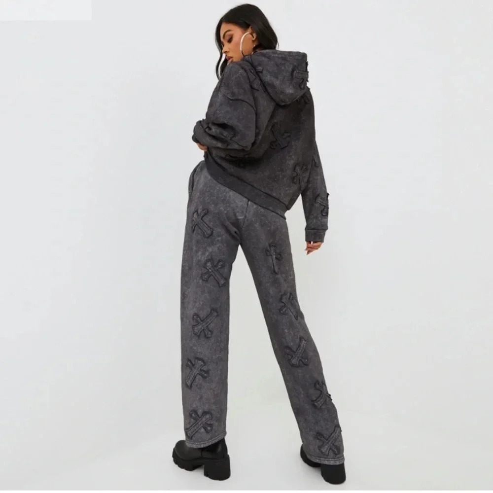 EGO Joggers Large Oversized High‎ Waist Acid Wash Black Gothic Cross Patch Punk